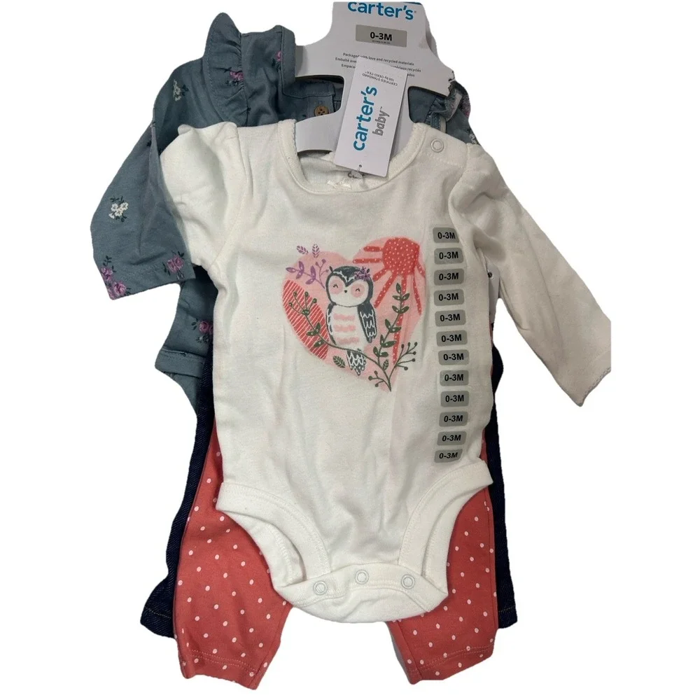 Carter's Baby Girl 4 Piece Bodysuits & Matching  Pants | Size 3 Month NEW Owl